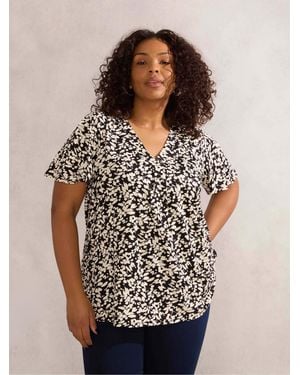 Live Unlimited Mono Print Pleat Front Nehru Collar Top - Black