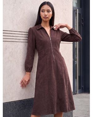 Roman Petite Zip Front Cord Dress - Brown