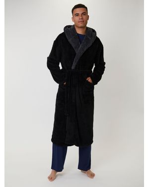 Loungeable Contrast Collar Sherpa Hooded Dressing Gown - Black