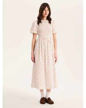 OMNES Terri 100% Cotton Shirred Puff Sleeve Floral Midi Dress - Natural