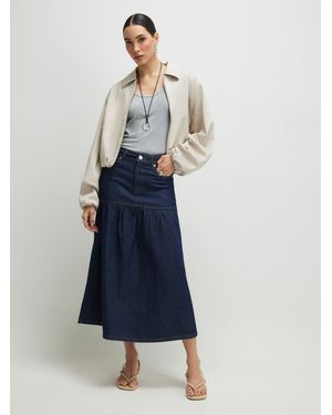 River Island Mid Rise Paneled Denim Midi Skirt - Blue