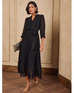 Love & Roses Petite Pleated Chiffon Lace Midi Dress - Brown