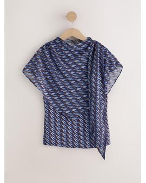 Next Print Short Sleeved Scarf Feature Cape Top - Blue