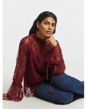 Simply Be Eyelash Lace Top With Sleeve Detail - Red