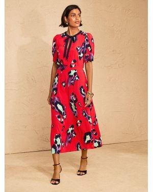 Love & Roses Animal Print Tie Neck Midi Tea Dress - Red