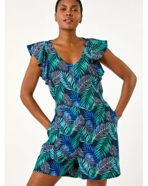 Roman Tropical Leaf Print Playsuit - Blue