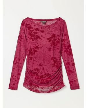 FatFace Fatface Ruby Burgundy Floral Ruched Mesh Long Sleeve Top - Red