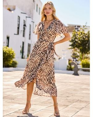 Sosandar Zebra Print Faux Wrap Midi Dress - Metallic