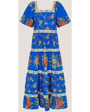 Monsoon Mona Square Neck Puff Short Sleeve Floral Cotton Midi Dress - Blue