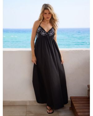 South Beach Embroidered Flower Tie Shoulder Maxi Dress - Blue