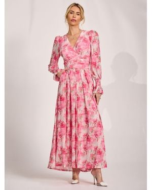 Jolie Moi Long Sleeve V-Neck Mesh Maxi Dress - Pink