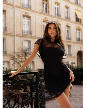 Lipsy Petite Lace Flutter Sleeve Gathered Mini Dress - Black