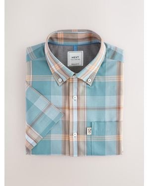 Next Regular Fit Easy Iron Button Down Short Sleeve Oxford Shirt - Blue