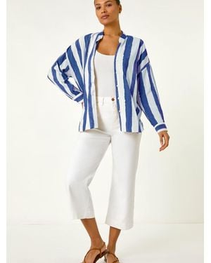 Roman Stripe Print Relaxed Button Shirt - Blue