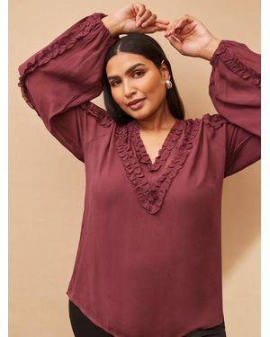 Live Unlimited Frill Trim V-Neck Blouse - Red