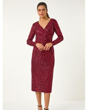 Roman Sequin Front Wrap Midi Stretch Dress - Red