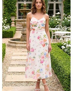 Roman Petite Floral Ruched Midi Dress - Green