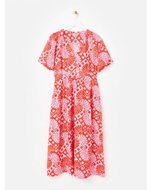 Oliver Bonas Sun Print V-Neck Puff Sleeve Midi Dress - Red