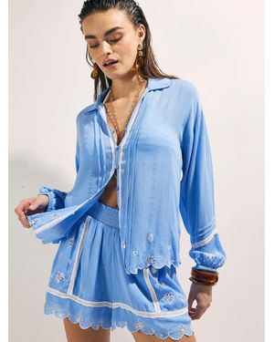 River Island Lace Trim Embroidered Beach Shirt - Blue