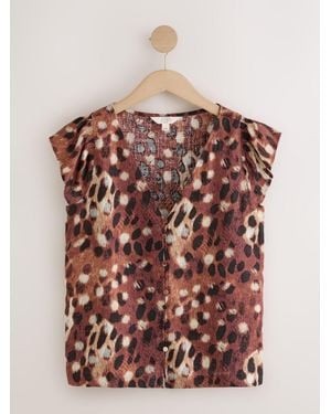 Next Deer Print V-Neck Short Sleeve Blouse With Linen - Brown