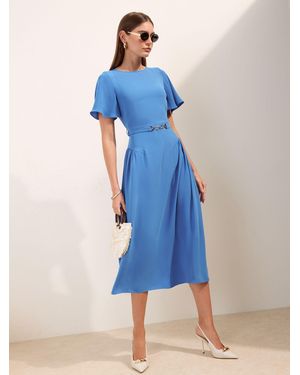 Friends Like These Belted Flutter Sleeve Midi Dress - Blue