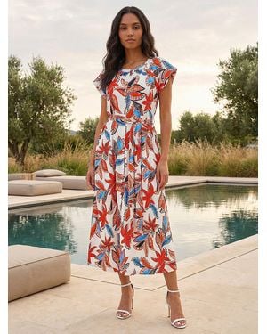 Roman Leaf Print Belted Midi Dress - Orange