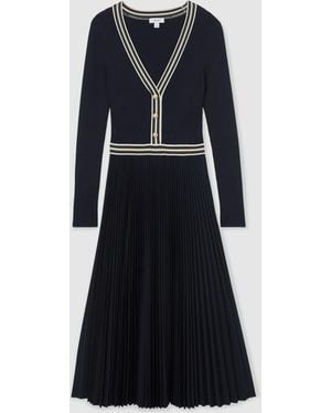 Reiss Gaia Rib-Knit Stripe-Trim Pleated Midi Dress - Blue