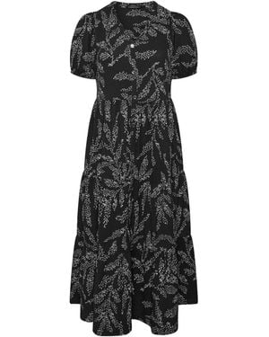 Evans Textured V-Neck Button Leaf Print Dress - Black