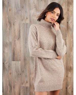 Threadbare Roll Neck Knitted Mini Dress - Natural