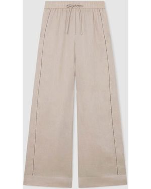 Reiss Neutral Riley Petite Linen Ladder-Embroidery Wide-Leg Pants - Natural