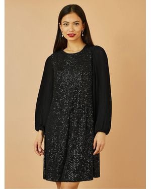 Yumi' Velvet Sequin Tunic Dress With Long Pleated Sleeves - Black