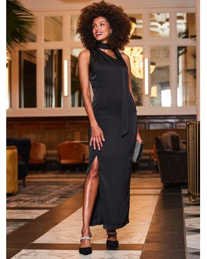 Sosandar One Shoulder Tie Neck Satin Midi Dress - Brown