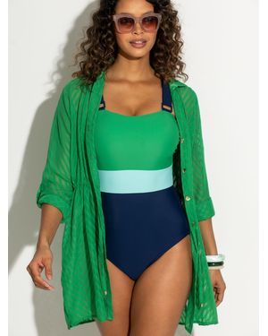 Pour Moi Chevron Stripe Button Through Chiffon Beach Shirt - Green