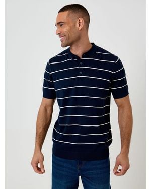 Threadbare Ribbed Stripe Knitted Polo Shirt - Blue