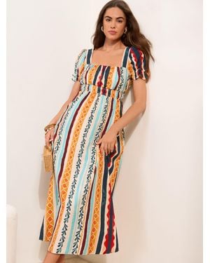 Friends Like These Petite Puff Short Sleeve Shirred Waist Midi Dress - Natural