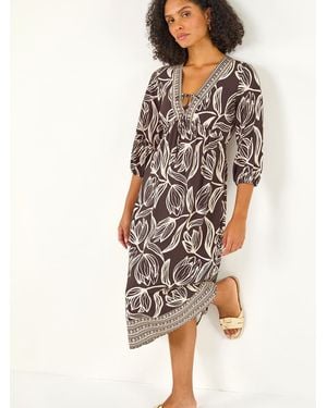 Roman Leaf Border Print V-Neck Midi Dress - Brown