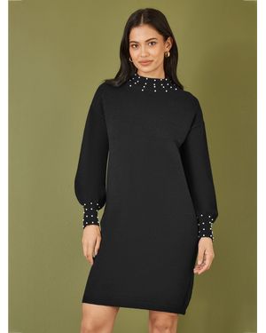 Yumi' Pearl Detail Knitted Relaxed Sweater Dress - Green