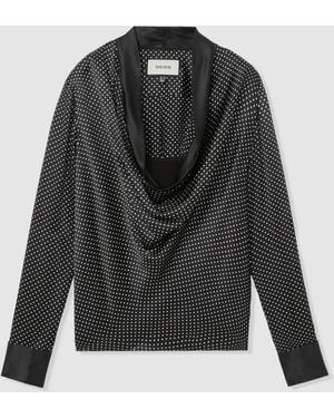 Reiss Diana - Black/ivory Silk Polka-dot Cowl-neck Blouse, Us 6