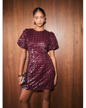 Friends Like These Berry Petite Puff Sleeve Floral Sequin Mini Dress - Purple