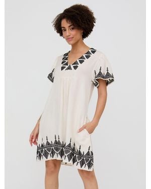 Raffya Liberty V-Neck Embroidered Mini Dress - White