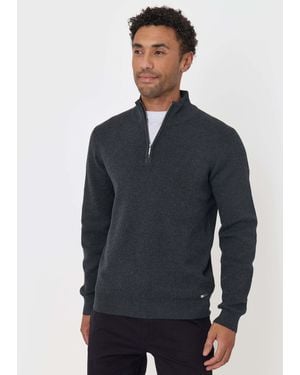 Threadbare Dark Cotton Blend Knitted Quarter Zip Sweater - Blue