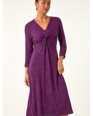 Roman Petite Twist Front V-Neck Midi Dress - Purple