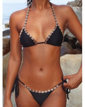 Moda Minx Moda Minx Seashell Shores Deauville Tie Side Brazilian Bikini Bottoms With Shell Trim Hardware Detail - Black