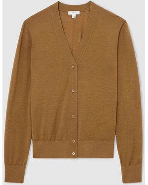 Reiss Camel Simi Merino Wool V-Neck Cardigan - Natural