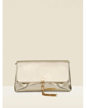 Sosandar Metallic Tassel Detail Clutch Bag With Chain Strap - Natural