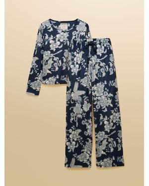 Joules Spring Bird Floral Fleece Pajama Set - Blue