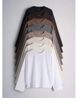 The Set 8 Pack Essentials Lightweight Long Sleeve T-Shirts/Cream/Neutral/Stripe/ Marl/Taupe - Black
