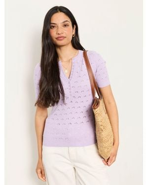 FatFace Lois Lilac Short Sleeve Knitted Henley Top - Purple
