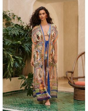 Lipsy Placement Print Beach Cover Up Tie Waist Maxi Kimono - Green
