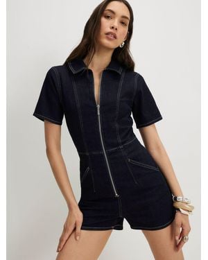 River Island Short Sleeve Denim Collared Playsuit - Blue
